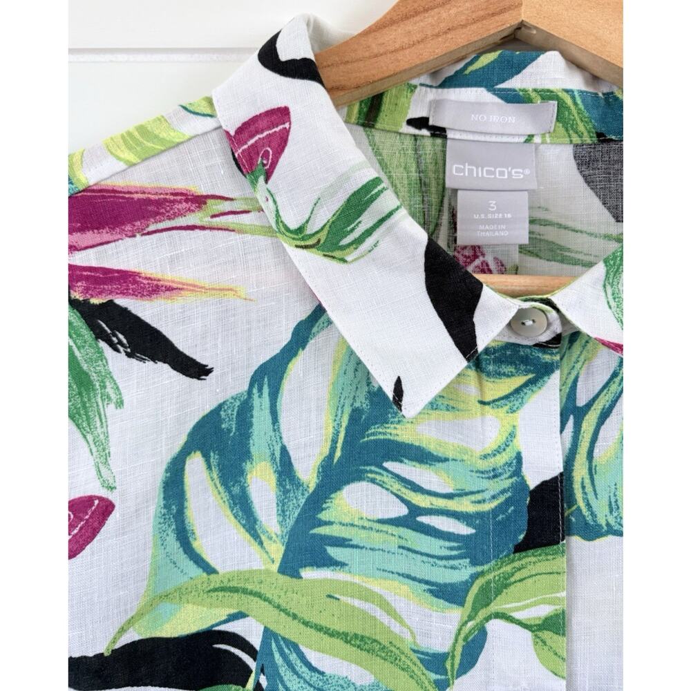Chicos Linen Tropical Floral Button Up Blouse No Iron Size 16 (3) White Green - Picture 4 of 13